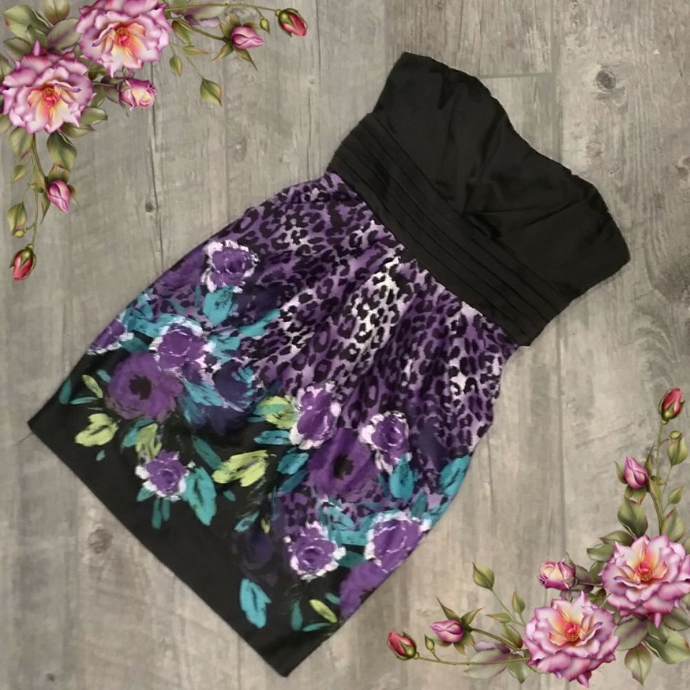 ‎Animal & flower print dress strapless mini dress